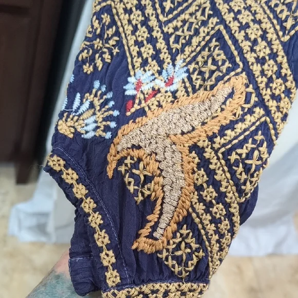 Johnny Was Embroidered Navy and Gold Open Front Jacket - Picture 11 of 13